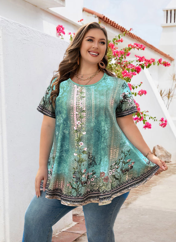 Women's Plus Size Floral Tunic Top – Short Sleeve, Flowy Swing Blouse to Wear with Leggings b28