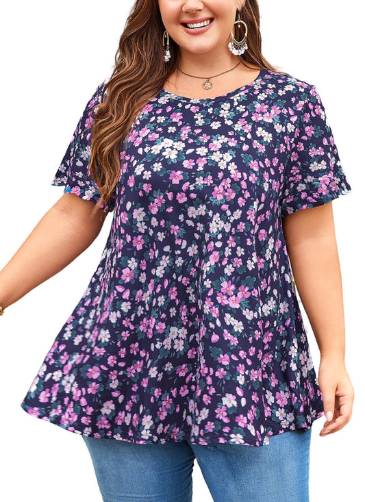 Women's Plus Size Floral Tunic Top – Short Ruffle Sleeve, Flowy Swing Blouse on Navy b39
