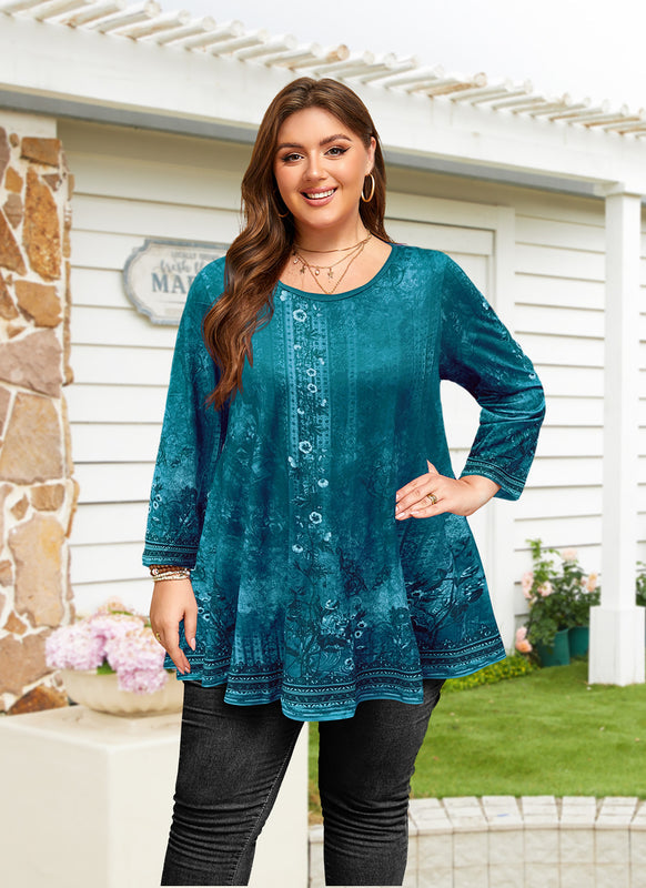 Women's Plus Size Teal Floral Tunic Top – 3/4 Sleeve Swing Flare Blouse d21