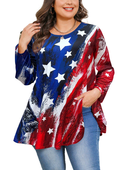 Women's Plus Size American Flag Tunic Top – 3/4 Sleeve Patriotic Swing Flare Blouse d17