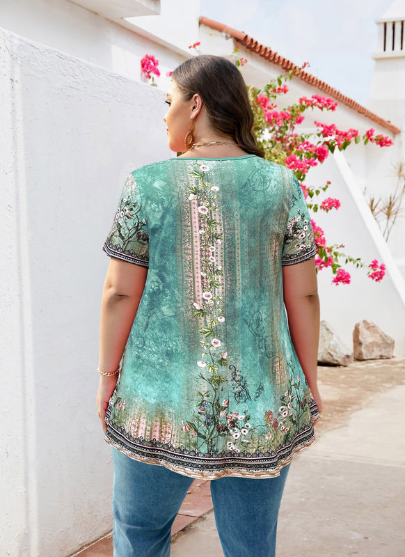Women's Plus Size Floral Tunic Top – Short Sleeve, Flowy Swing Blouse to Wear with Leggings b28