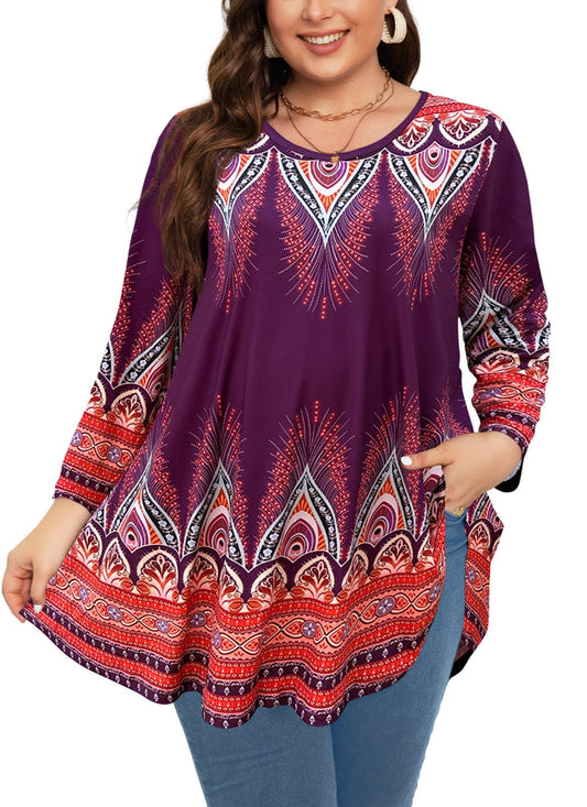 Women's Plus Size Orange & Purple Floral Tunic Top – 3/4 Sleeve Swing Flare Blouse d15