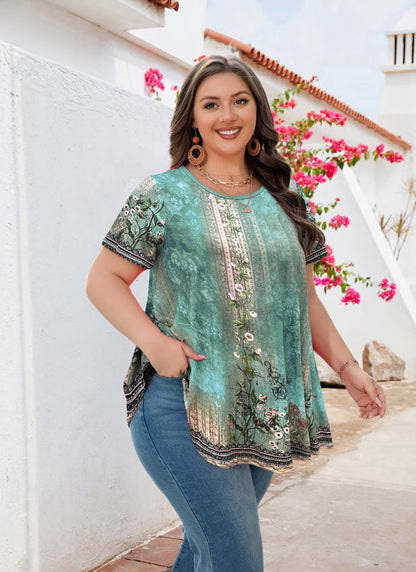 Women's Plus Size Floral Tunic Top – Short Sleeve, Flowy Swing Blouse to Wear with Leggings b28