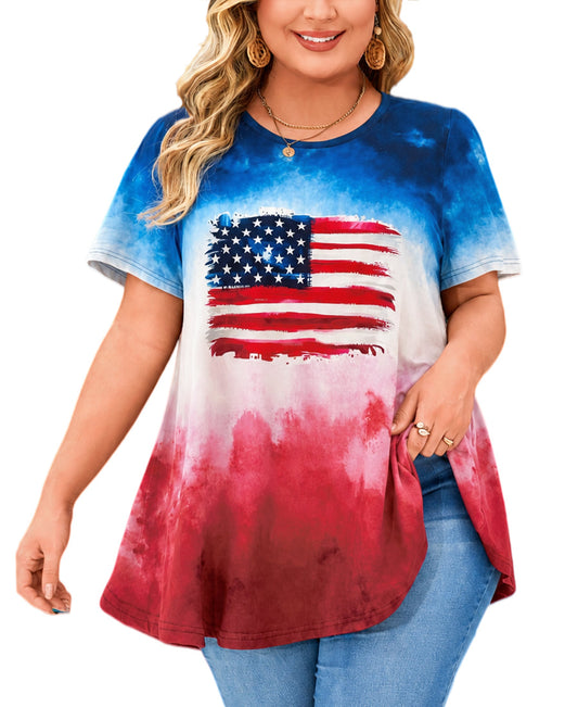 Women's Plus Size American Flag Tunic Top – Short Sleeve USA Patriotic Swing Blouse e21