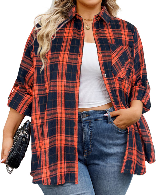 Plus Size Orange & Navy Plaid Button-Up Shirt G27