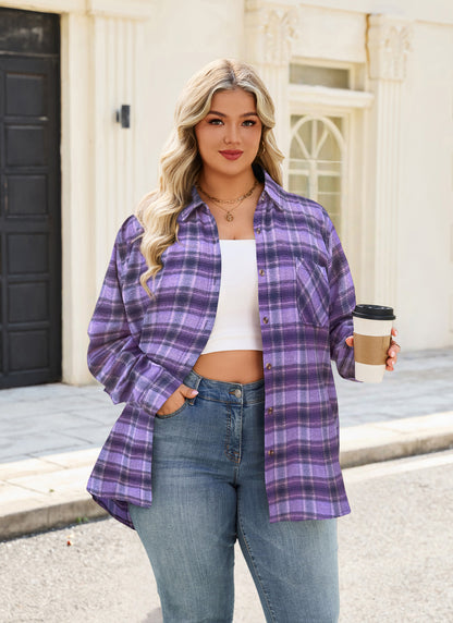Plus Size Purple Plaid Button-Up Shirt