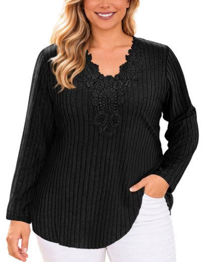 Plus Size Black Lace V-Neck Ribbed Tunic Top