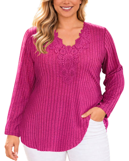 Plus Size Fuchsia Lace V-Neck Ribbed Tunic Top