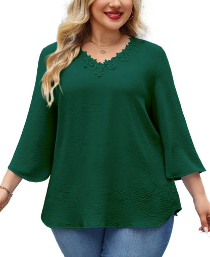 Women's Plus Size Floral Trim Tunic Top | 3/4 Sleeve V-Neck Blouse – Green J3