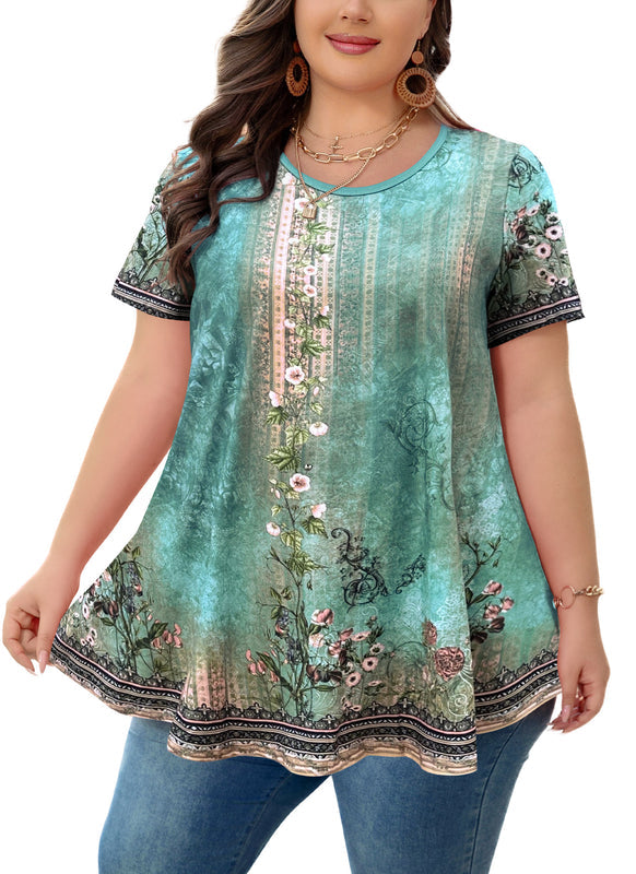 Women's Plus Size Floral Tunic Top – Short Sleeve, Flowy Swing Blouse to Wear with Leggings b28