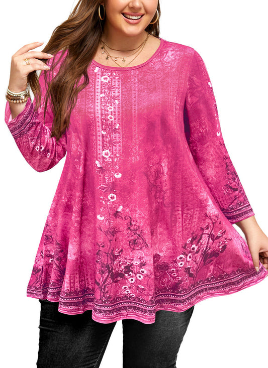 Women's Plus Size Hot Pink Floral Tunic Top – 3/4 Sleeve Swing Flare Blouse d20