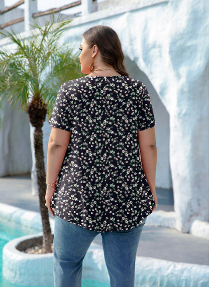 Women's Plus Size Black & White Floral Tunic Top – Short Sleeve Swing Blouse e9