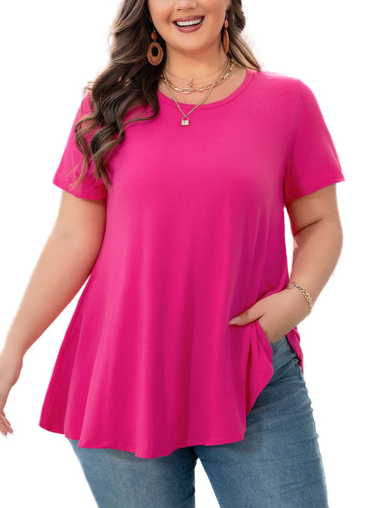 Women's Plus Size Swing Tunic Top – Short Sleeve, Flowy Flare, Crew Neck Blouse to Wear with Leggings b27