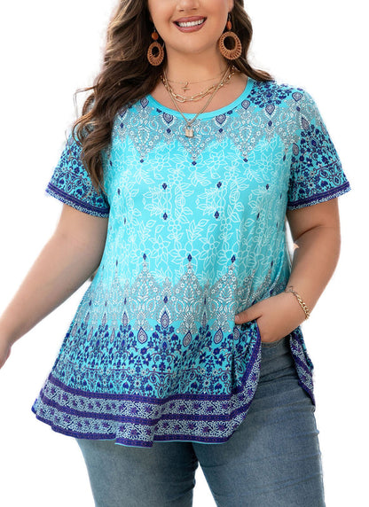Women's Plus Size Paisley Tunic Top – Short Sleeve, Flowy Swing Blouse to Wear with Leggings b29
