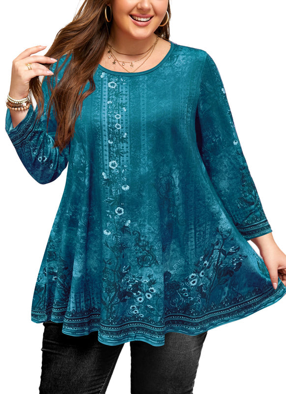 Women's Plus Size Teal Floral Tunic Top – 3/4 Sleeve Swing Flare Blouse d21